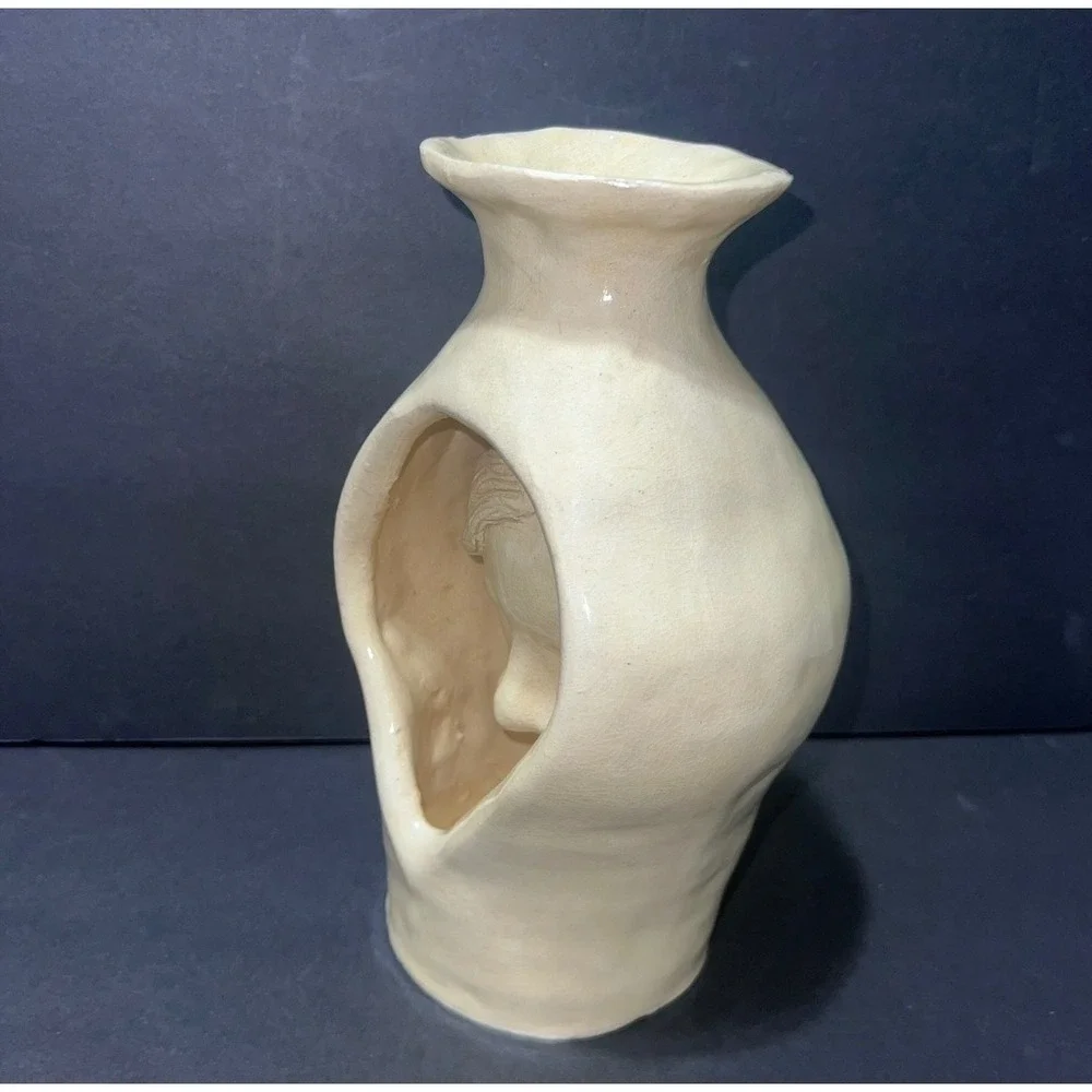 Artisan Ceramic Sculptural Face Vase Cream Glossy Hand Molded Surrealist Vessel